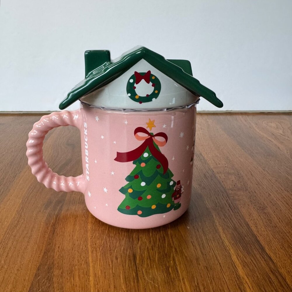 STARBUCKS 2025 Holiday Bear House Mug Roof Lid 14oz Limited Edition Pink Green - Picture 2 of 7